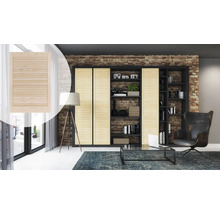 Scenă dintr-o sufragerie cu o bibliotecă mare cu uși glisante și un element separat de ușă glisantă