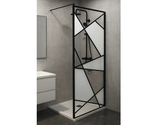 Cabină de duș cu cadru negru și design geometric în baie