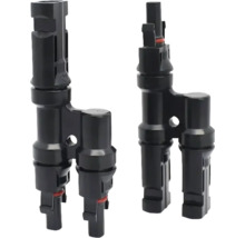 Două conectoare solare negre, piese în Y pentru panouri solare.