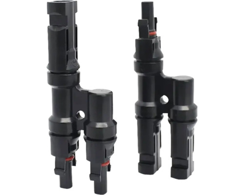 Două conectoare solare negre, piese în Y pentru panouri solare.