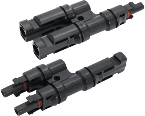 Doi conectori solari negri pentru conectarea panourilor solare.