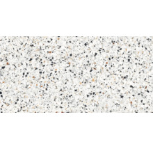 Prim-plan cu o placă de terrazzo cu așchii mici de piatră colorate.