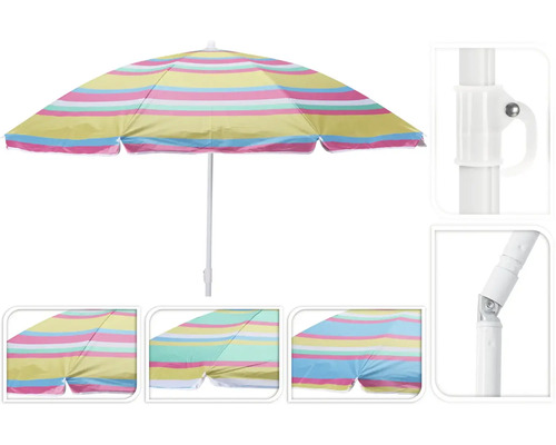 Umbrelă de plajă cu model în dungi şi articulație de înclinare reglabilă