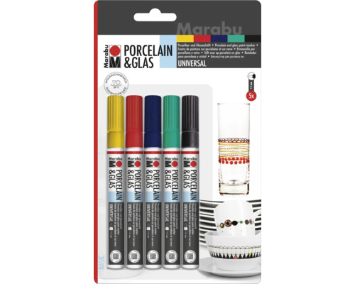 Set de cinci markere universale pentru porțelan și sticlă Marabu