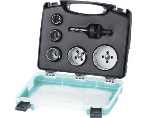 Set carote universale bimetal cu burghiu Wolfcraft BiM Ø20-68 mm, 5 piese Set de ferăstraie-cupă într-o cutie de scule