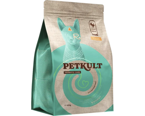 Hrană pentru pisici Petkult, îngrijire probiotică, pachet de 400 de grame.