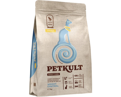 Hrană pentru pisici PETKULT pentru pisici adulte, controlul greutății, cu pui, în ambalaj de 7 kilograme
