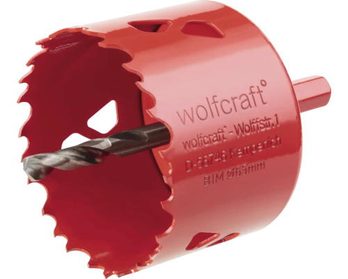 Carotă universală bimetal Wolfcraft BiM Ø65mm, cu burghiu și hexagon Ferăstrău circular Wolfcraft cu burghiu de centrare, diametru 65 milimetri