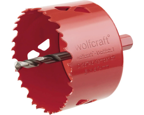 Carotă universală bimetal Wolfcraft BiM Ø74mm, cu burghiu și hexagon Fierăstrău circular Wolfcraft cu burghiu de centrare, diametru 74 mm