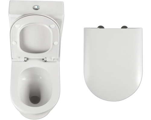 Toaletă albă de podea cu capac de toaletă deschis și închis