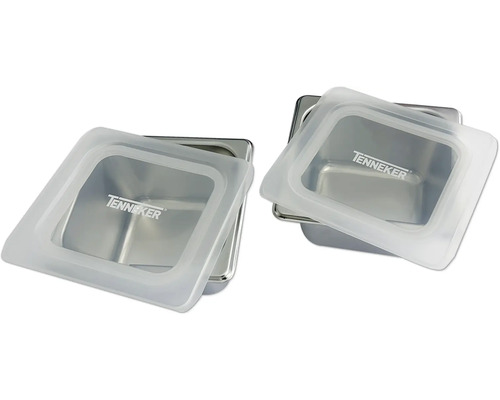 Două recipiente din oțel inoxidabil cu capac transparent și logo Tenneker