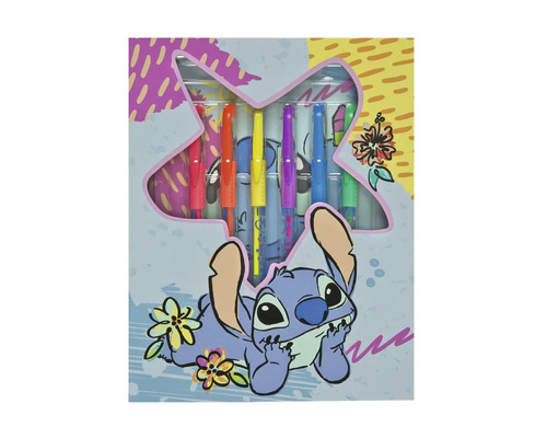 Set de markere cu motivul Stitch într-un ambalaj decorativ.