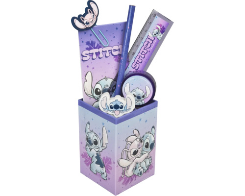 Set de birou cu riglă, creion, gumă de șters, ascuțitoare, blocnotes și agrafă de birou cu motiv Stitch
