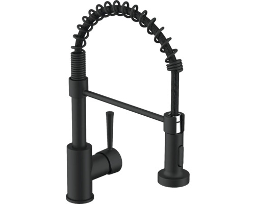 Baterie bucătărie cu duș SERIES TIBER negru mat Baterie de bucătărie neagră cu gura de scurgere spiralată