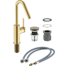 Baterie de lavoar de culoare aurie cu set de scurgere și furtunuri de conectare