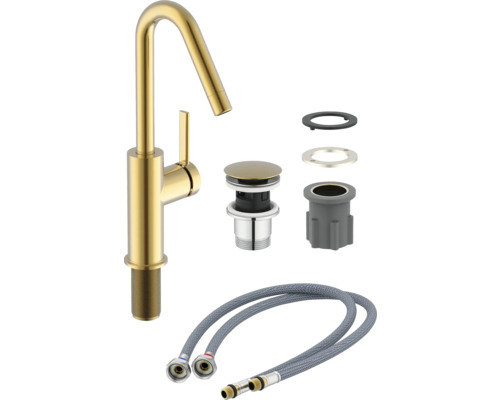 Baterie de lavoar de culoare aurie cu set de scurgere și furtunuri de conectare