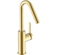 Baterie de bucătărie aurie cu gât înalt și mixer monocomandă