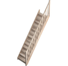 Scară dreaptă din lemn cu balustradă și mână curentă din lemn masiv deschis la culoare.