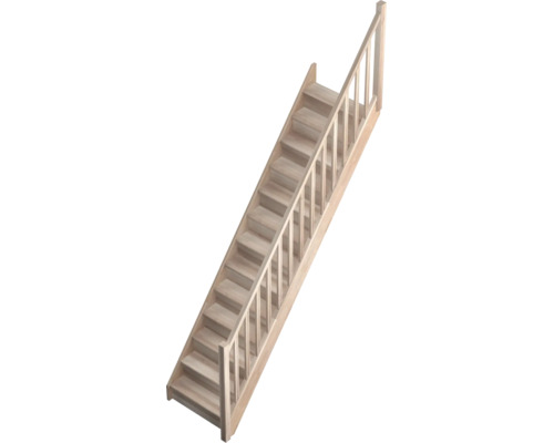 Scară dreaptă din lemn cu balustradă și mână curentă din lemn masiv deschis la culoare.