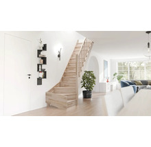 Zonă de zi luminoasă cu scară din lemn cu balustradă și sfert de întoarcere jos, ușă albă, raft de perete negru și plantă de apartament.