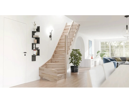 Zonă de zi luminoasă cu scară din lemn cu balustradă și sfert de întoarcere jos, ușă albă, raft de perete negru și plantă de apartament.