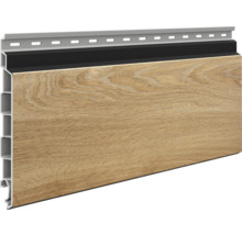 Panou de fațadă cu textură de lemn, profil cu cameră goală și bandă de montaj perforată pentru placarea fațadei.