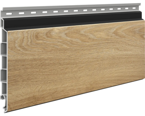 Panou de fațadă cu textură de lemn, profil cu cameră goală și bandă de montaj perforată pentru placarea fațadei.