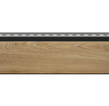 Panou de fațadă cu aspect de lemn și bandă de fixare pentru perete exterior.