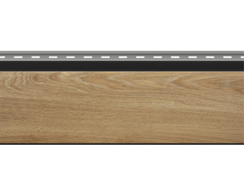 Panou de fațadă cu aspect de lemn și bandă de fixare pentru perete exterior.