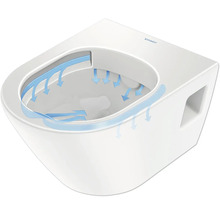 WC suspendat cu spălare profundă, cu ghidaj de curent de spălare și logo Duravit.