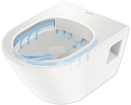 WC suspendat cu spălare profundă, cu ghidaj de curent de spălare și logo Duravit.