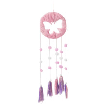 Capcană de vise decorativă cu formă rotundă, pompoane și ciucuri