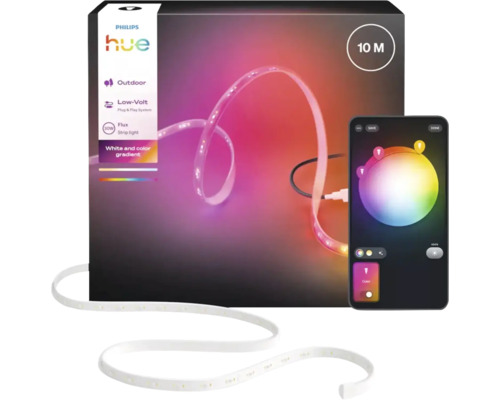 Furtun luminos de exterior Philips Hue cu control prin smartphone și ambalaj