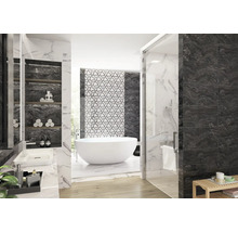 Baie modernă cu cadă, duș, chiuvetă și rafturi cu plăci de marmură