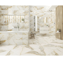 Baie cu cadă, chiuvetă, dulap cu oglindă, lambriuri din lemn și plăci cu aspect de marmură.