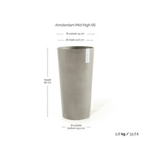 Ghiveci gri Ecopots Amsterdam Mid High 66: înălțime 66 centimetri, diametru 34 centimetri, greutate 5,8 kilograme, volum 35,6 litri.
