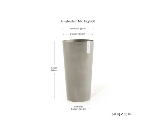 Ghiveci gri Ecopots Amsterdam Mid High 66: înălțime 66 centimetri, diametru 34 centimetri, greutate 5,8 kilograme, volum 35,6 litri.