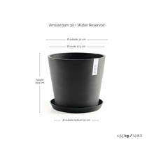 Ghiveci rotund Amsterdam 30 cu farfurie și rezervor de apă, înălțime 25,9 centimetri, diametru exterior 30 centimetri, volum 12,8 litri.