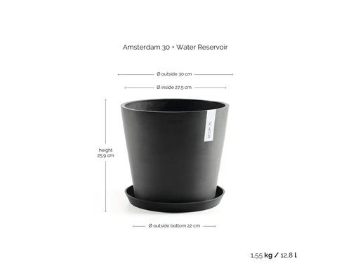 Ghiveci rotund Amsterdam 30 cu farfurie și rezervor de apă, înălțime 25,9 centimetri, diametru exterior 30 centimetri, volum 12,8 litri.