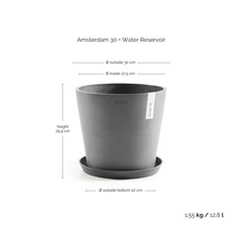 Ghiveci Ecopots Amsterdam 30 cu rezervor de apă, înălțime 25,9 centimetri, diametru 30 centimetri, greutate 1,55 kilograme, volum 12,8 litri.