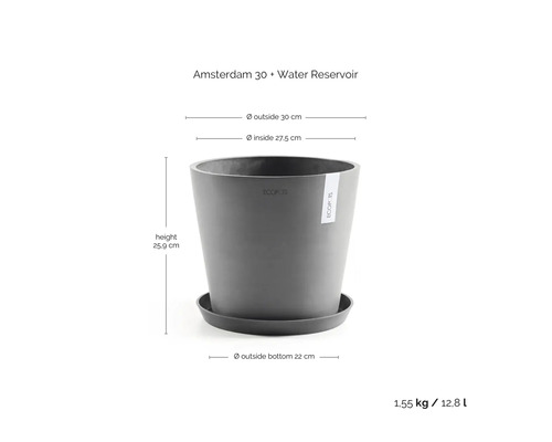 Ghiveci Ecopots Amsterdam 30 cu rezervor de apă, înălțime 25,9 centimetri, diametru 30 centimetri, greutate 1,55 kilograme, volum 12,8 litri.