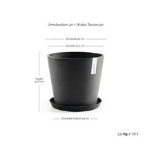 Ghiveci Ecopots Amsterdam 40 cu farfurie și rezervor de apă, diametru 40 centimetri, înălțime 34,8 centimetri, volum 28 litri.