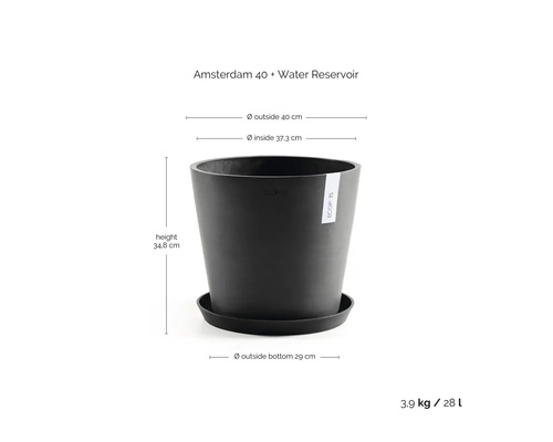 Ghiveci Ecopots Amsterdam 40 cu farfurie și rezervor de apă, diametru 40 centimetri, înălțime 34,8 centimetri, volum 28 litri.