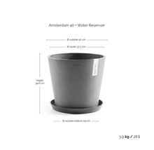 Ghiveci Ecopots Amsterdam 40 cu farfurie și rezervor de apă, înălțime 34,8 centimetri, diametru exterior 40 centimetri, volum 28 litri.