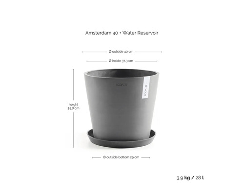 Ghiveci Ecopots Amsterdam 40 cu farfurie și rezervor de apă, înălțime 34,8 centimetri, diametru exterior 40 centimetri, volum 28 litri.