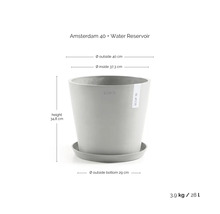 Ghiveci Ecopots Amsterdam 40 cu farfurie și rezervor de apă, diametru 40 centimetri, înălțime 34,8 centimetri, volum 28 litri.