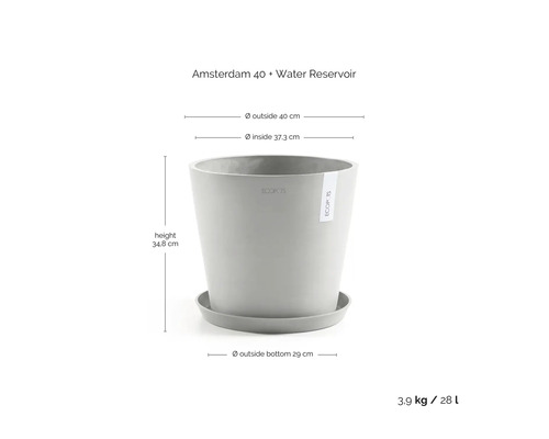 Ghiveci Ecopots Amsterdam 40 cu farfurie și rezervor de apă, diametru 40 centimetri, înălțime 34,8 centimetri, volum 28 litri.