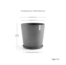 Ghiveci ECOPOTS Amsterdam 50 cu rezervor de apă și farfurie, înălțime 44,3 centimetri, diametru 50 centimetri, volum 62 litri.