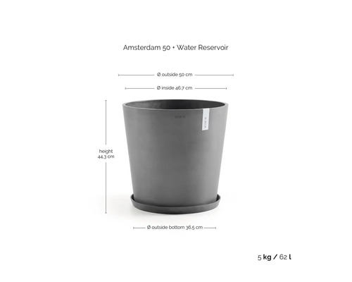 Ghiveci ECOPOTS Amsterdam 50 cu rezervor de apă și farfurie, înălțime 44,3 centimetri, diametru 50 centimetri, volum 62 litri.