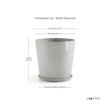 Ghiveci rotund gri Ecopots Amsterdam 50 cu farfurie și rezervor de apă, înălțime 44,3 centimetri, diametru 50 centimetri, 62 litri.